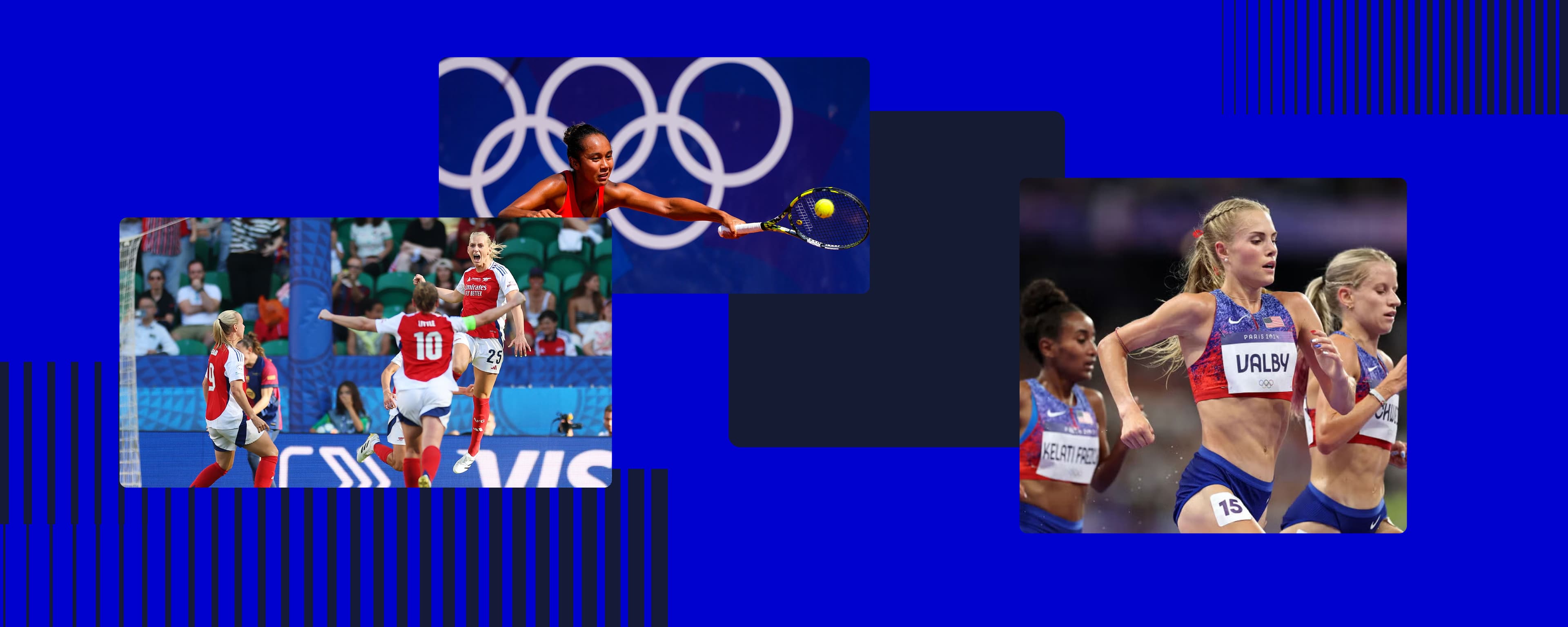 Women playing in sports, including tennis, soccer, and sprinting